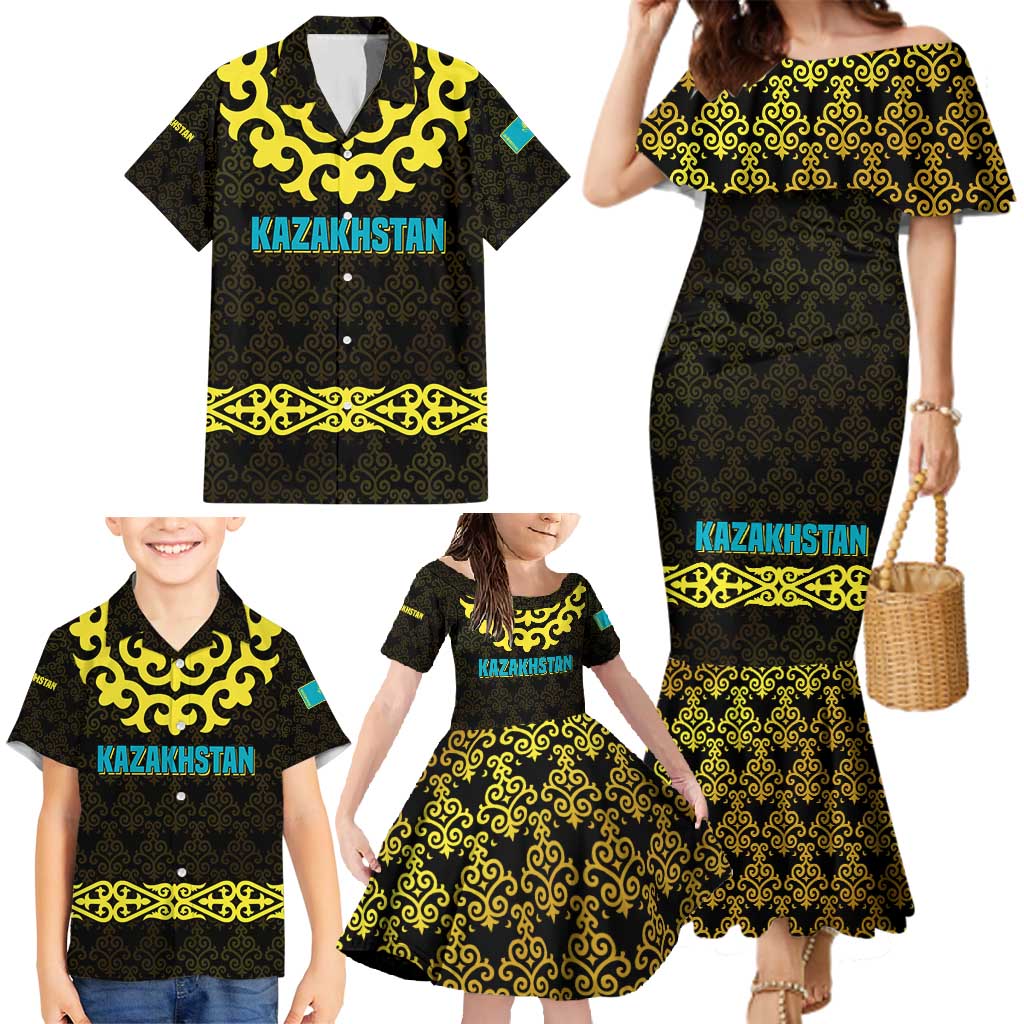 Kazakhstan Born Free Riding Far Family Matching Mermaid Dress and Hawaiian Shirt with Wild Horses and Gold Tribal Pattern on Black