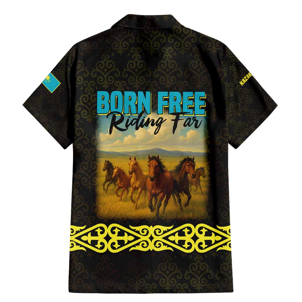 Kazakhstan Born Free Riding Far Family Matching Mermaid Dress and Hawaiian Shirt with Wild Horses and Gold Tribal Pattern on Black