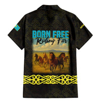 Kazakhstan Born Free Riding Far Family Matching Mermaid Dress and Hawaiian Shirt with Wild Horses and Gold Tribal Pattern on Black