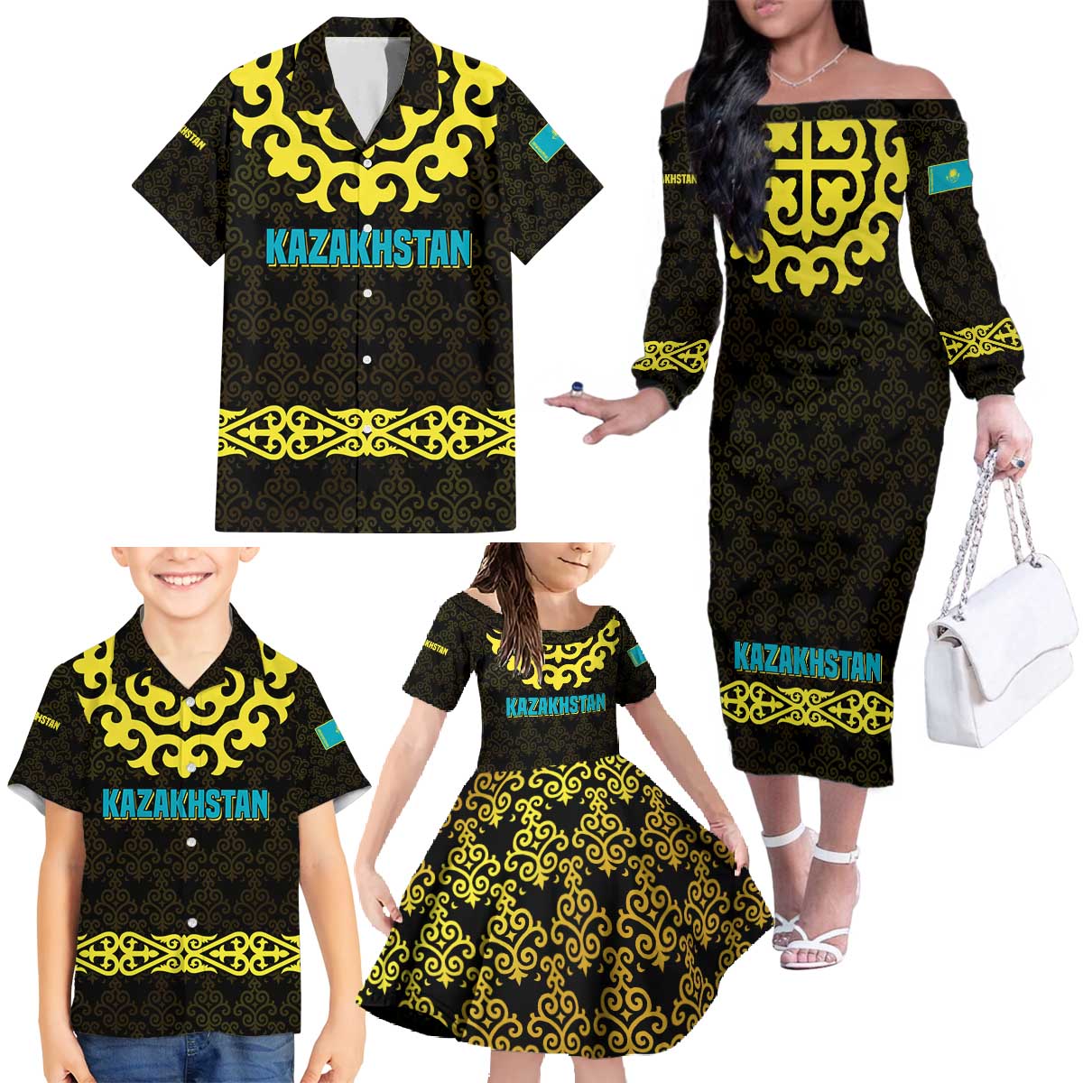 Kazakhstan Born Free Riding Far Family Matching Off The Shoulder Long Sleeve Dress and Hawaiian Shirt with Wild Horses and Gold Tribal Pattern on Black