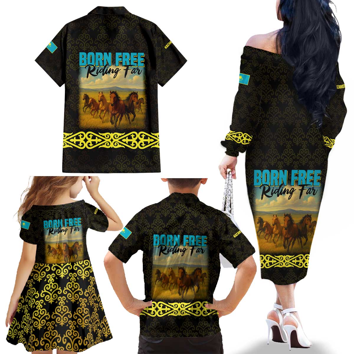 Kazakhstan Born Free Riding Far Family Matching Off The Shoulder Long Sleeve Dress and Hawaiian Shirt with Wild Horses and Gold Tribal Pattern on Black