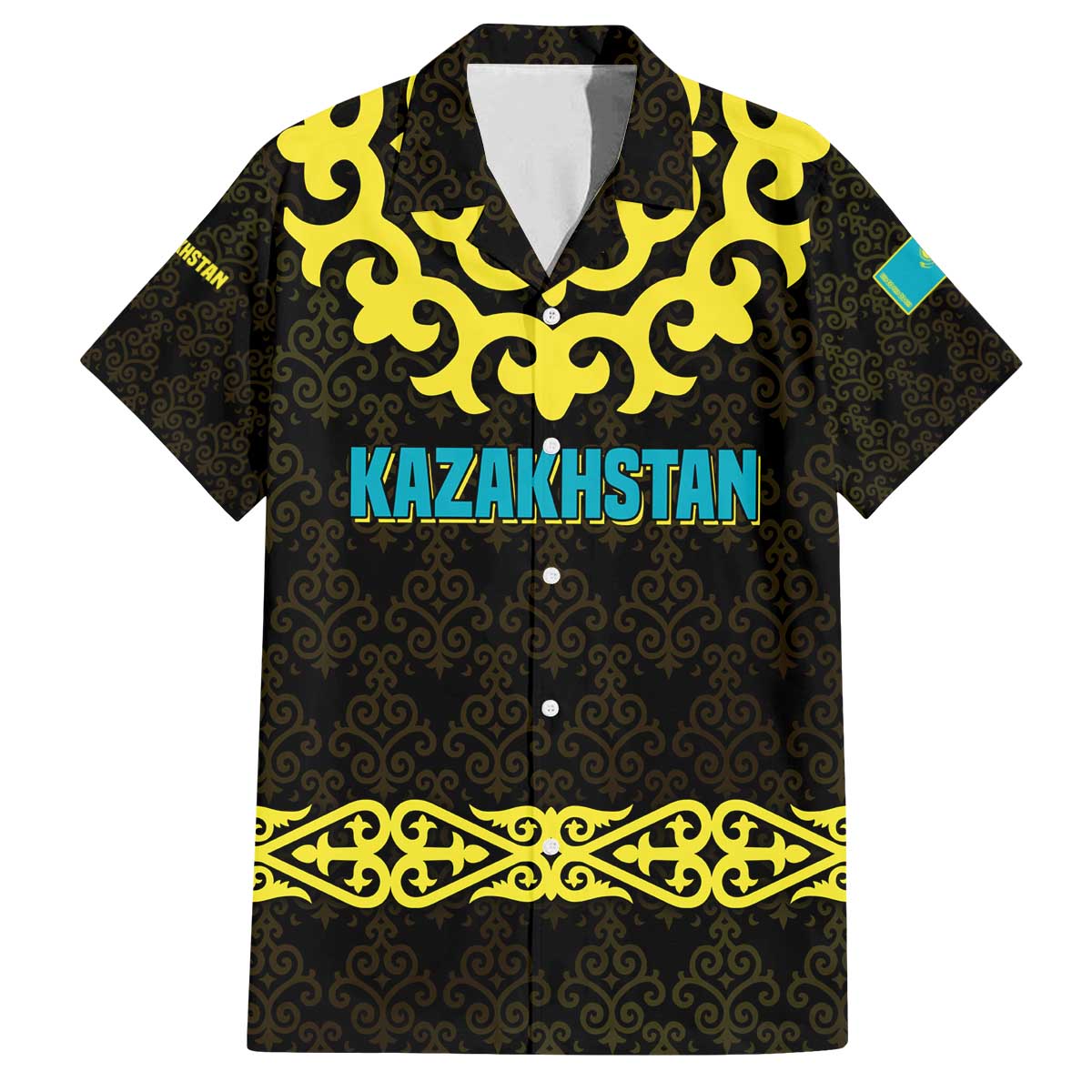 Kazakhstan Born Free Riding Far Family Matching Off The Shoulder Long Sleeve Dress and Hawaiian Shirt with Wild Horses and Gold Tribal Pattern on Black