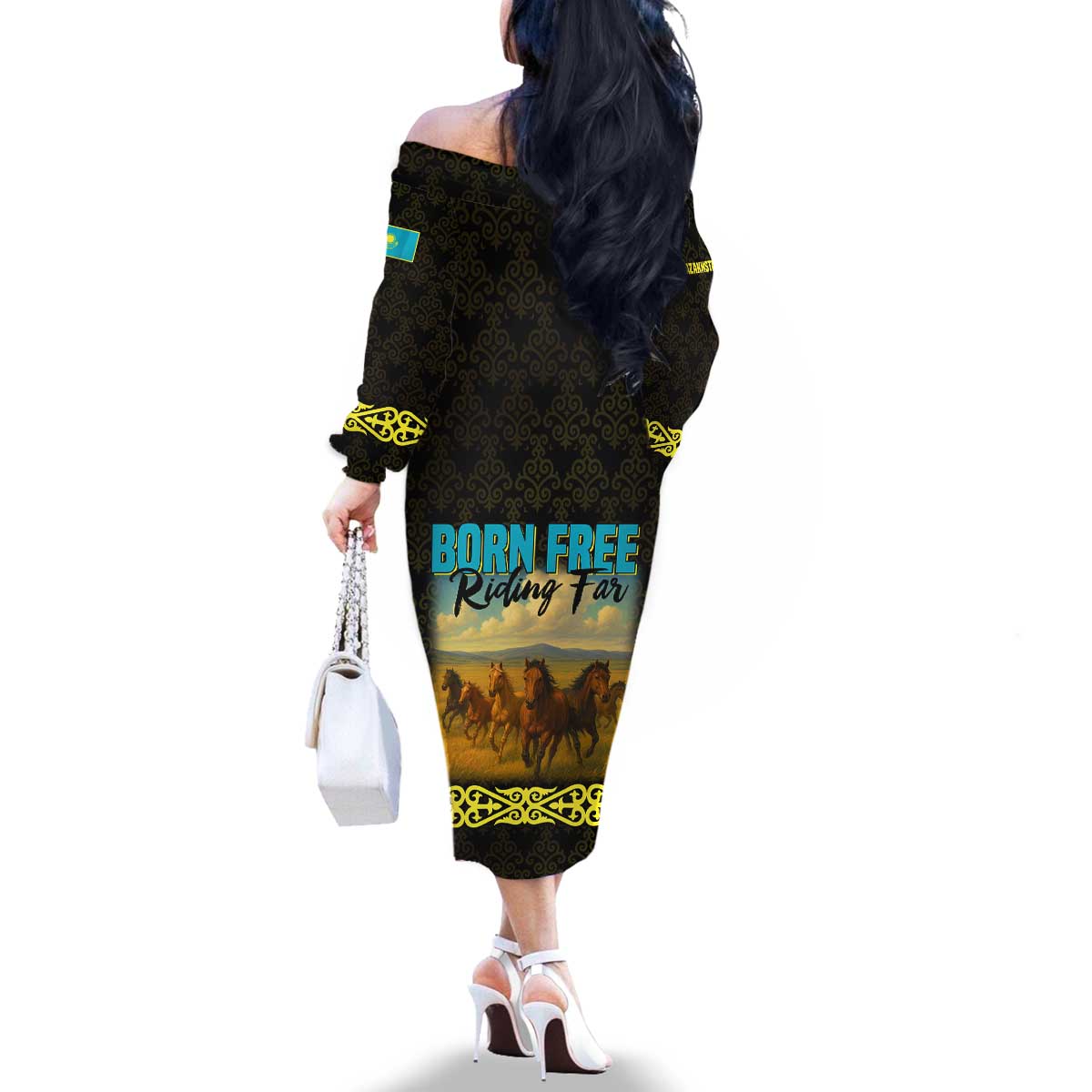 Kazakhstan Born Free Riding Far Family Matching Off The Shoulder Long Sleeve Dress and Hawaiian Shirt with Wild Horses and Gold Tribal Pattern on Black