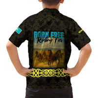 Kazakhstan Born Free Riding Far Family Matching Off Shoulder Maxi Dress and Hawaiian Shirt with Wild Horses and Gold Tribal Pattern on Black