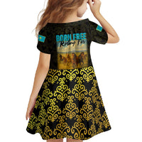 Kazakhstan Born Free Riding Far Family Matching Off Shoulder Maxi Dress and Hawaiian Shirt with Wild Horses and Gold Tribal Pattern on Black