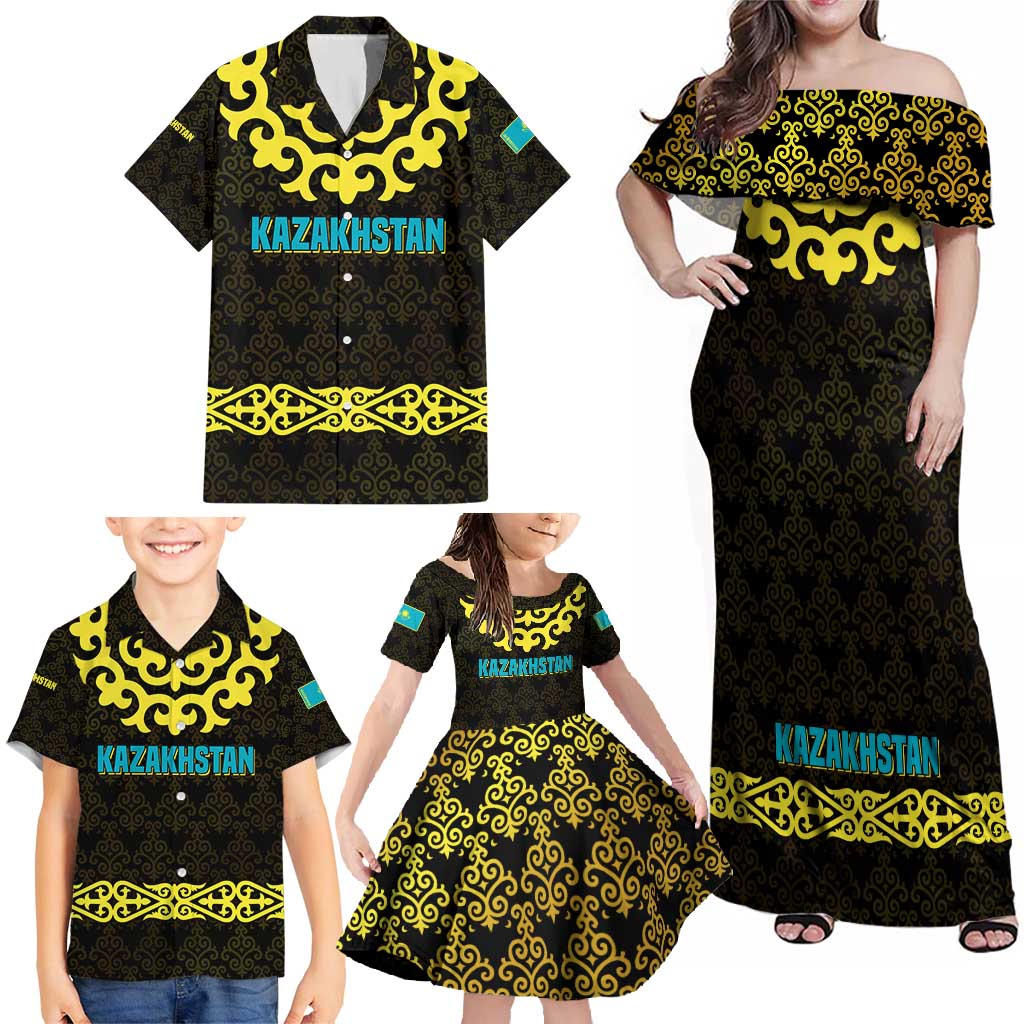 Kazakhstan Born Free Riding Far Family Matching Off Shoulder Maxi Dress and Hawaiian Shirt with Wild Horses and Gold Tribal Pattern on Black