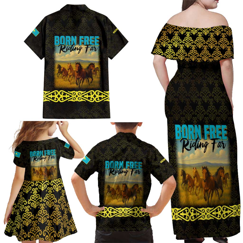 Kazakhstan Born Free Riding Far Family Matching Off Shoulder Maxi Dress and Hawaiian Shirt with Wild Horses and Gold Tribal Pattern on Black