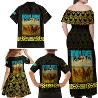 Kazakhstan Born Free Riding Far Family Matching Off Shoulder Maxi Dress and Hawaiian Shirt with Wild Horses and Gold Tribal Pattern on Black