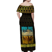 Kazakhstan Born Free Riding Far Family Matching Off Shoulder Maxi Dress and Hawaiian Shirt with Wild Horses and Gold Tribal Pattern on Black