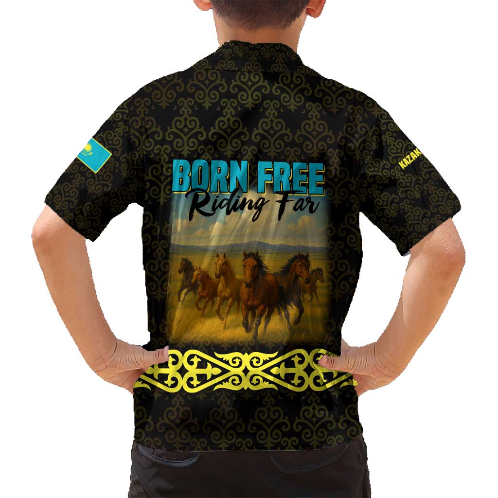 Kazakhstan Born Free Riding Far Family Matching Off Shoulder Short Dress and Hawaiian Shirt with Wild Horses and Gold Tribal Pattern on Black