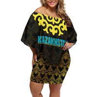 Kazakhstan Born Free Riding Far Family Matching Off Shoulder Short Dress and Hawaiian Shirt with Wild Horses and Gold Tribal Pattern on Black