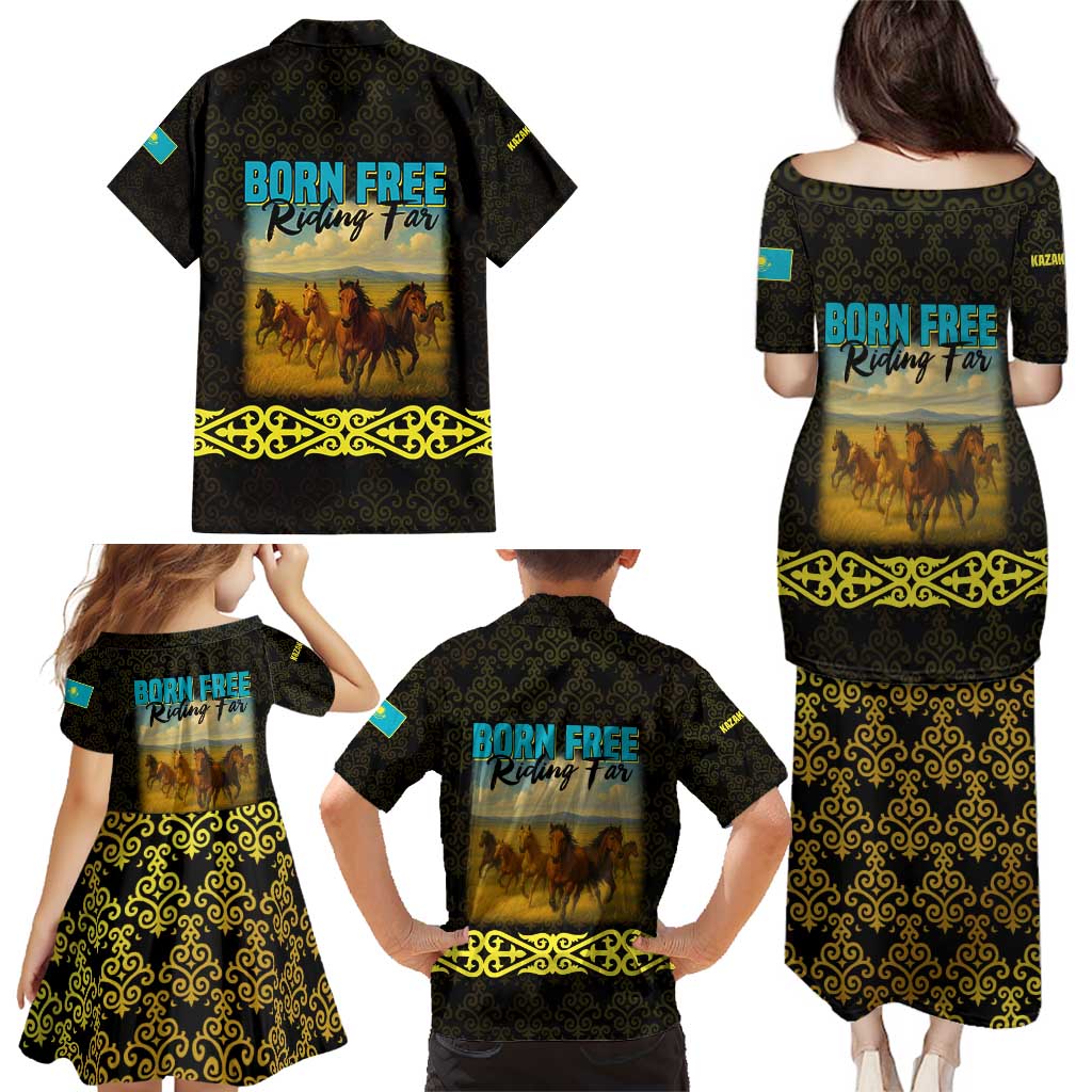 Kazakhstan Born Free Riding Far Family Matching Puletasi and Hawaiian Shirt with Wild Horses and Gold Tribal Pattern on Black