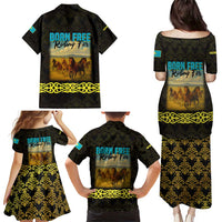 Kazakhstan Born Free Riding Far Family Matching Puletasi and Hawaiian Shirt with Wild Horses and Gold Tribal Pattern on Black