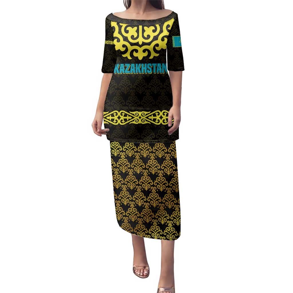 Kazakhstan Born Free Riding Far Family Matching Puletasi and Hawaiian Shirt with Wild Horses and Gold Tribal Pattern on Black