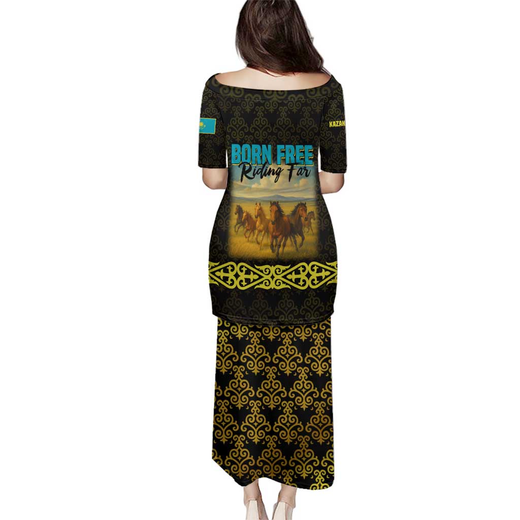Kazakhstan Born Free Riding Far Family Matching Puletasi and Hawaiian Shirt with Wild Horses and Gold Tribal Pattern on Black