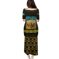 Kazakhstan Born Free Riding Far Family Matching Puletasi and Hawaiian Shirt with Wild Horses and Gold Tribal Pattern on Black