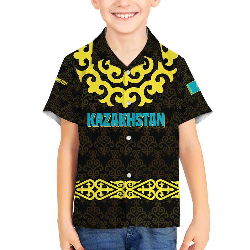 Kazakhstan Born Free Riding Far Family Matching Puletasi and Hawaiian Shirt with Wild Horses and Gold Tribal Pattern on Black