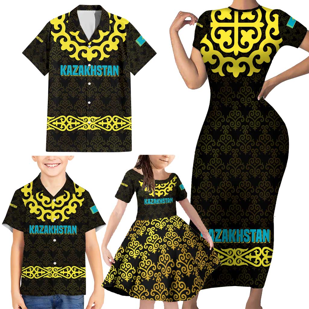 Kazakhstan Born Free Riding Far Family Matching Short Sleeve Bodycon Dress and Hawaiian Shirt with Wild Horses and Gold Tribal Pattern on Black