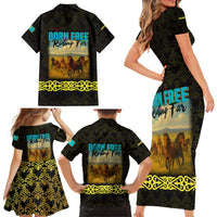 Kazakhstan Born Free Riding Far Family Matching Short Sleeve Bodycon Dress and Hawaiian Shirt with Wild Horses and Gold Tribal Pattern on Black