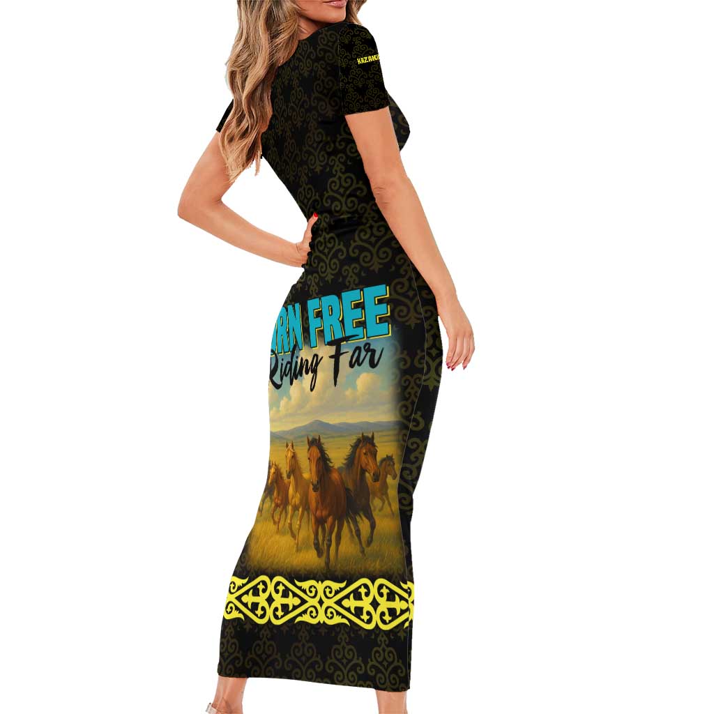 Kazakhstan Born Free Riding Far Family Matching Short Sleeve Bodycon Dress and Hawaiian Shirt with Wild Horses and Gold Tribal Pattern on Black