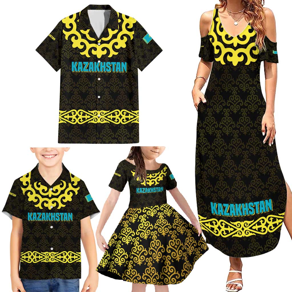 Kazakhstan Born Free Riding Far Family Matching Summer Maxi Dress and Hawaiian Shirt with Wild Horses and Gold Tribal Pattern on Black