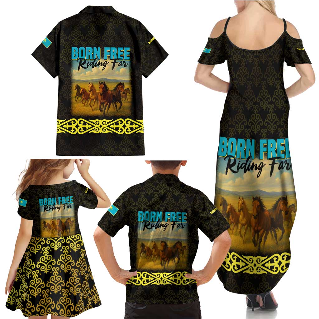 Kazakhstan Born Free Riding Far Family Matching Summer Maxi Dress and Hawaiian Shirt with Wild Horses and Gold Tribal Pattern on Black