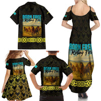 Kazakhstan Born Free Riding Far Family Matching Summer Maxi Dress and Hawaiian Shirt with Wild Horses and Gold Tribal Pattern on Black
