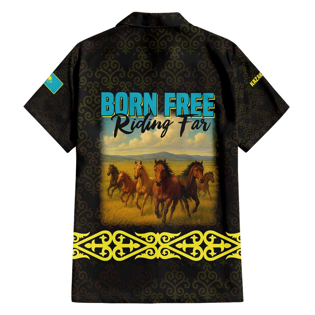 Kazakhstan Born Free Riding Far Family Matching Summer Maxi Dress and Hawaiian Shirt with Wild Horses and Gold Tribal Pattern on Black