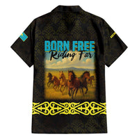 Kazakhstan Born Free Riding Far Family Matching Summer Maxi Dress and Hawaiian Shirt with Wild Horses and Gold Tribal Pattern on Black