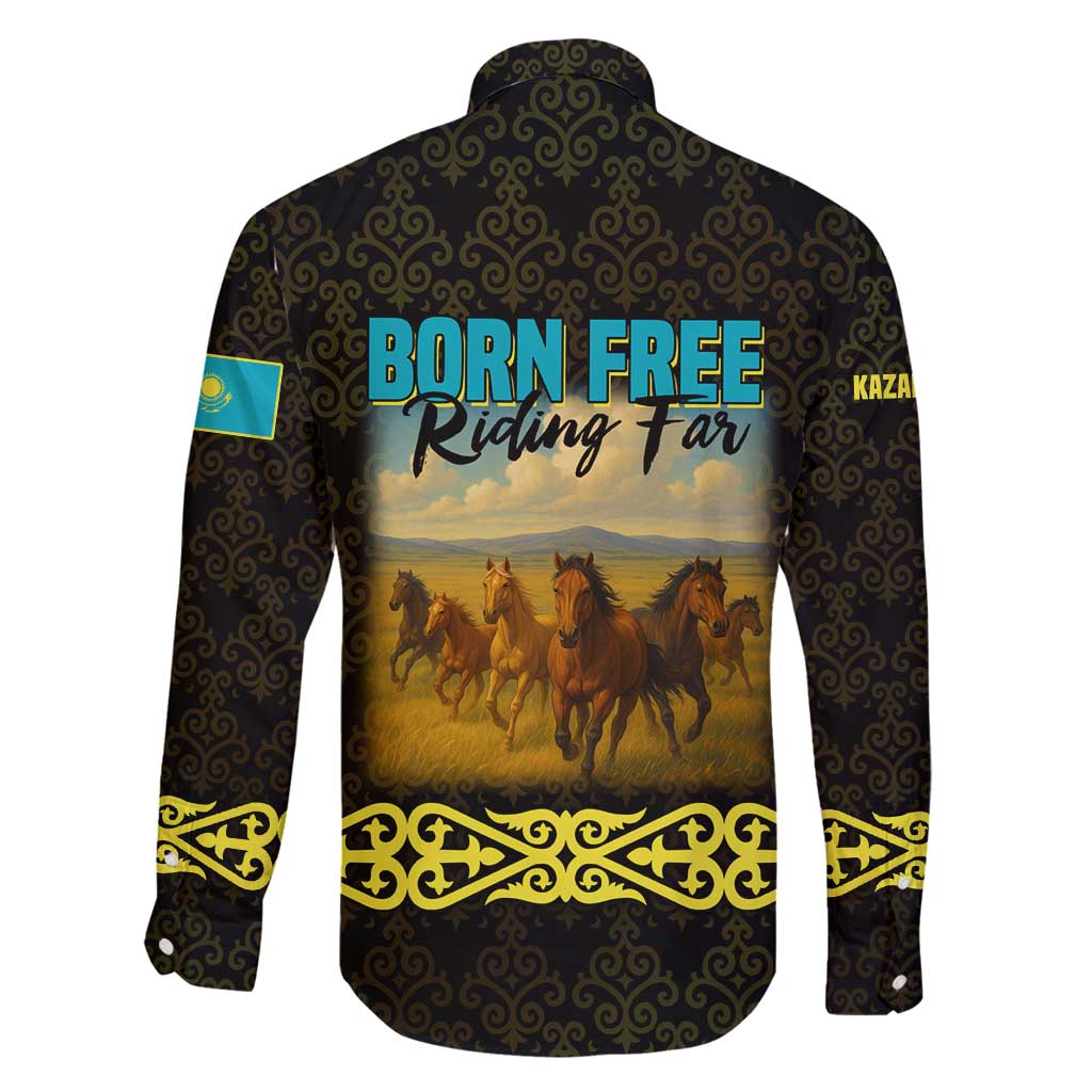 Kazakhstan Born Free Riding Far Family Matching Summer Maxi Dress and Hawaiian Shirt with Wild Horses and Gold Tribal Pattern on Black
