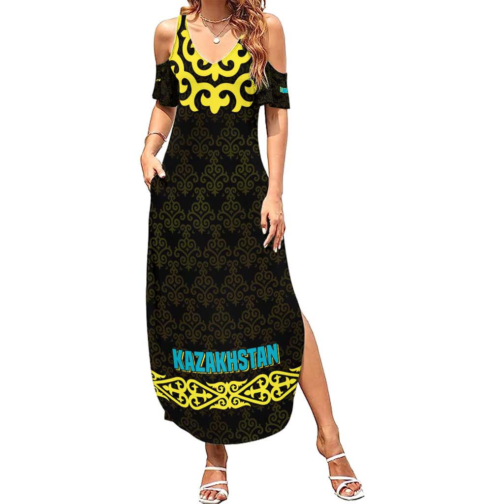 Kazakhstan Born Free Riding Far Family Matching Summer Maxi Dress and Hawaiian Shirt with Wild Horses and Gold Tribal Pattern on Black