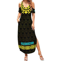 Kazakhstan Born Free Riding Far Family Matching Summer Maxi Dress and Hawaiian Shirt with Wild Horses and Gold Tribal Pattern on Black