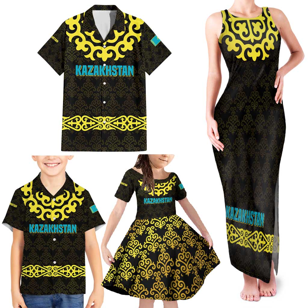 Kazakhstan Born Free Riding Far Family Matching Tank Maxi Dress and Hawaiian Shirt with Wild Horses and Gold Tribal Pattern on Black
