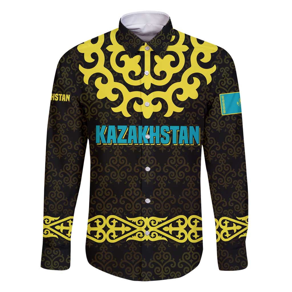 Kazakhstan Born Free Riding Far Family Matching Tank Maxi Dress and Hawaiian Shirt with Wild Horses and Gold Tribal Pattern on Black