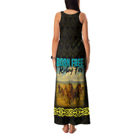 Kazakhstan Born Free Riding Far Family Matching Tank Maxi Dress and Hawaiian Shirt with Wild Horses and Gold Tribal Pattern on Black