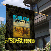 Kazakhstan Born Free Riding Far Garden Flag with Wild Horses and Gold Tribal Pattern on Black