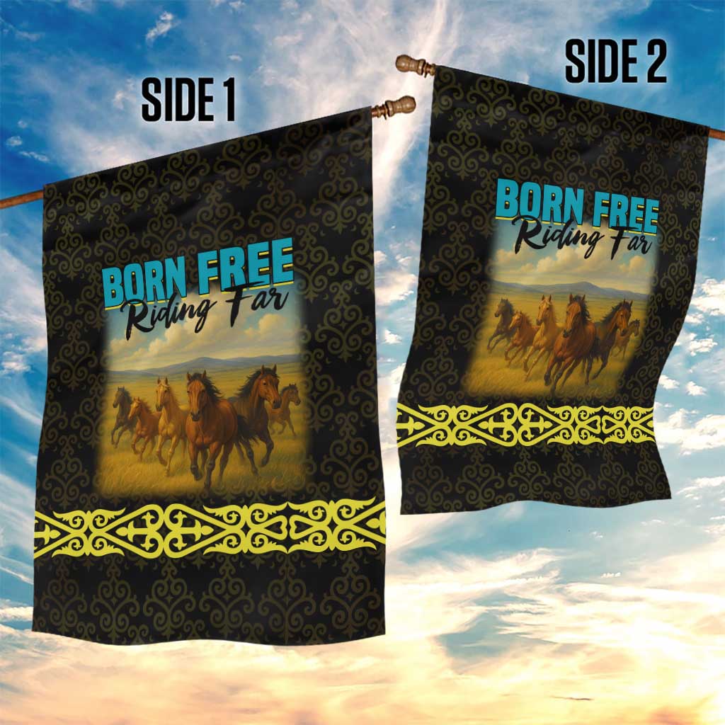Kazakhstan Born Free Riding Far Garden Flag with Wild Horses and Gold Tribal Pattern on Black