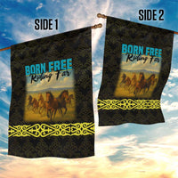 Kazakhstan Born Free Riding Far Garden Flag with Wild Horses and Gold Tribal Pattern on Black