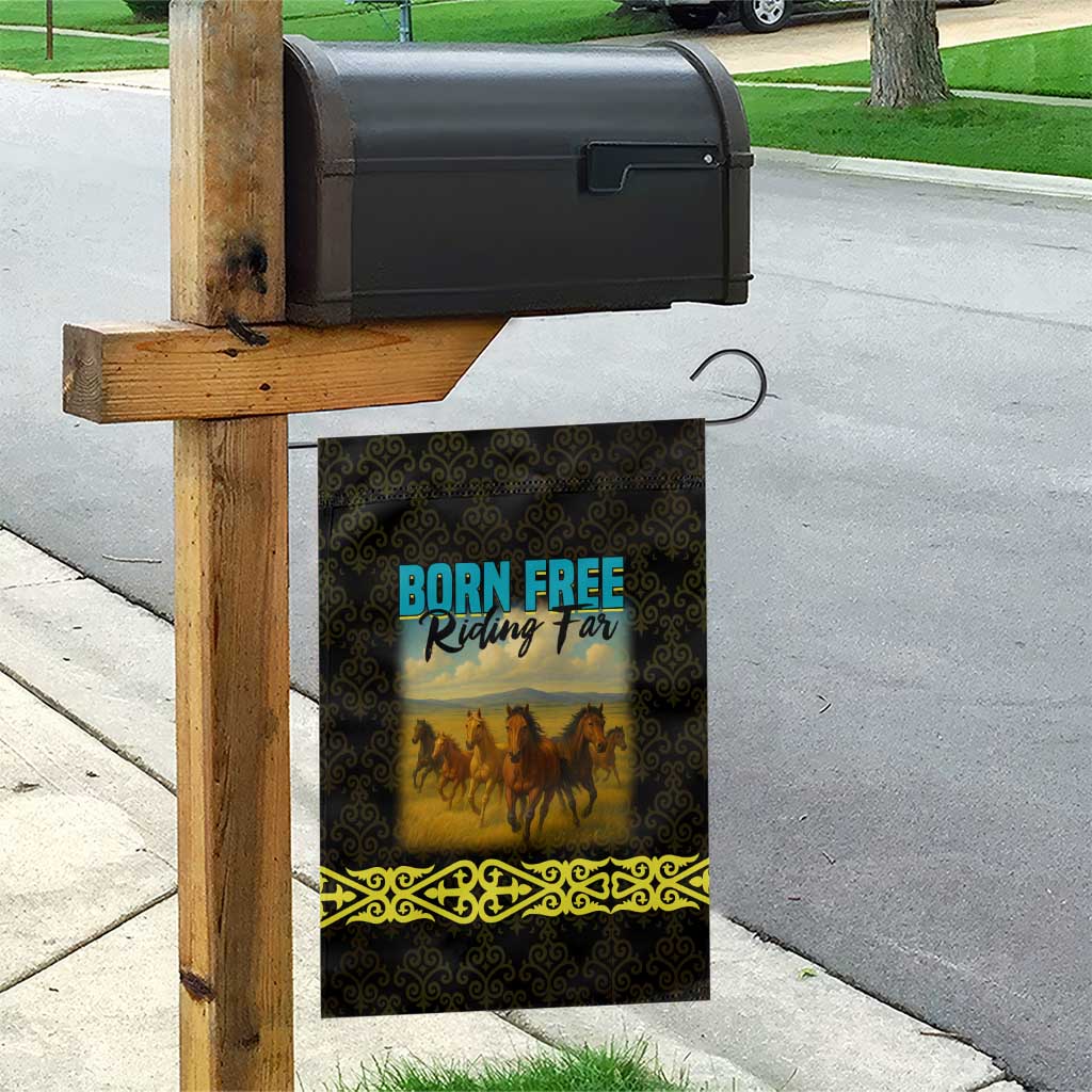 Kazakhstan Born Free Riding Far Garden Flag with Wild Horses and Gold Tribal Pattern on Black