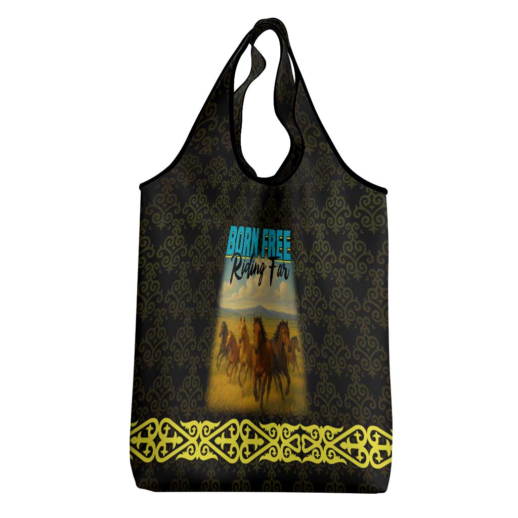 Kazakhstan Born Free Riding Far Grocery Bag with Wild Horses and Gold Tribal Pattern on Black