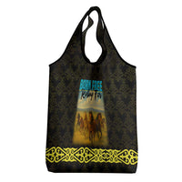 Kazakhstan Born Free Riding Far Grocery Bag with Wild Horses and Gold Tribal Pattern on Black