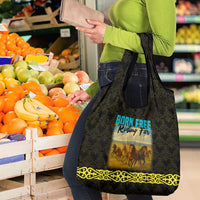 Kazakhstan Born Free Riding Far Grocery Bag with Wild Horses and Gold Tribal Pattern on Black