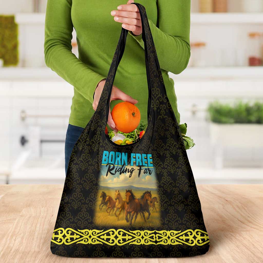 Kazakhstan Born Free Riding Far Grocery Bag with Wild Horses and Gold Tribal Pattern on Black