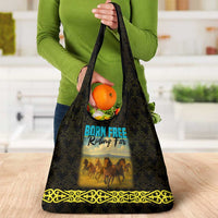 Kazakhstan Born Free Riding Far Grocery Bag with Wild Horses and Gold Tribal Pattern on Black