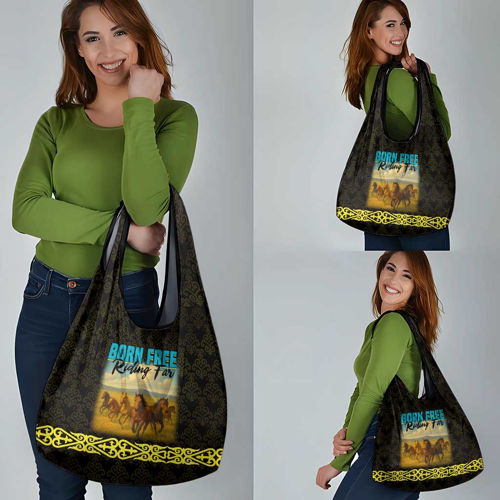 Kazakhstan Born Free Riding Far Grocery Bag with Wild Horses and Gold Tribal Pattern on Black