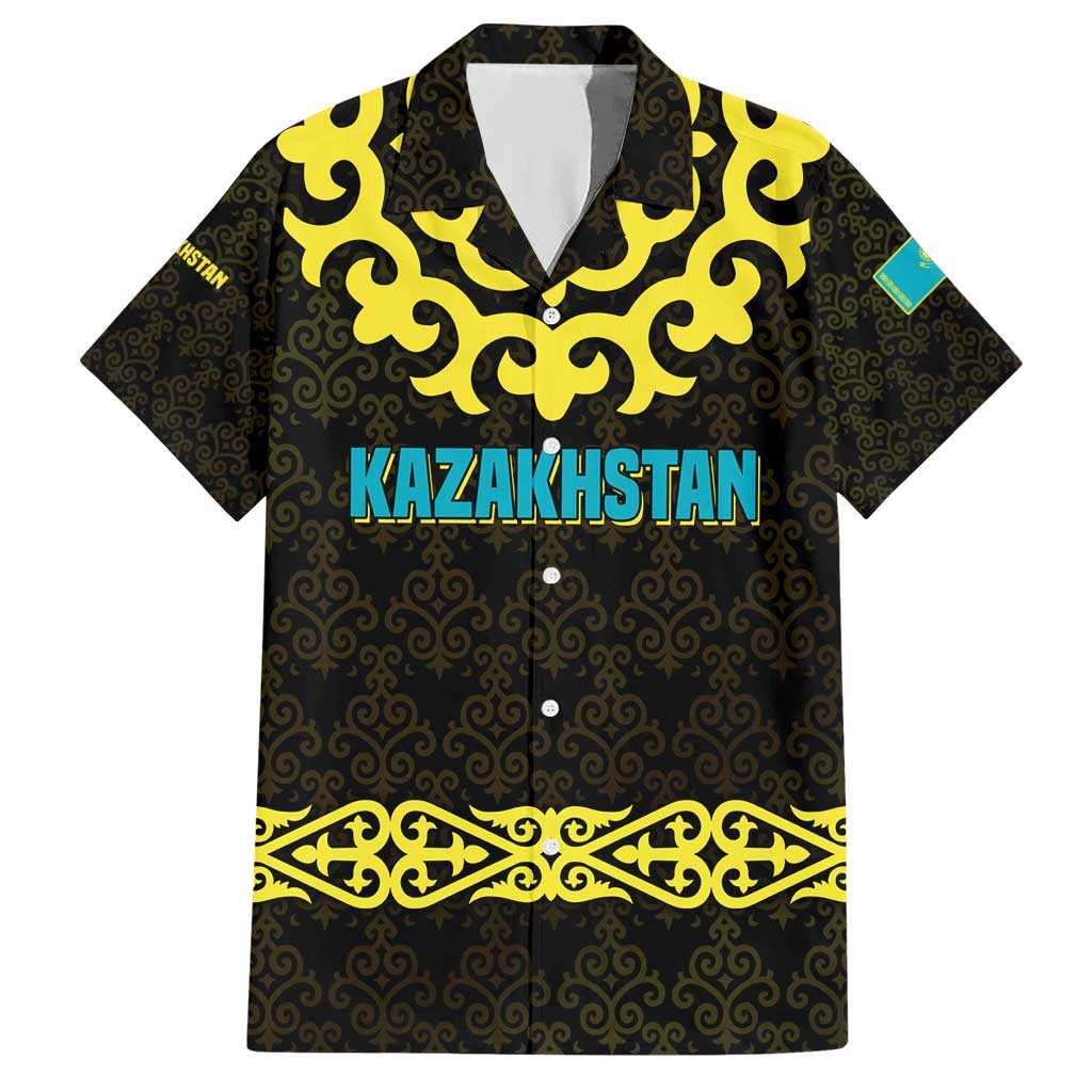 Kazakhstan Born Free Riding Far Hawaiian Shirt with Wild Horses and Gold Tribal Pattern on Black