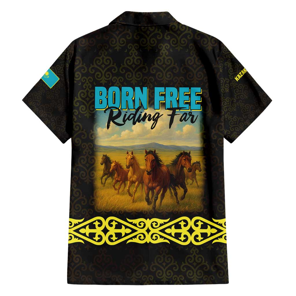 Kazakhstan Born Free Riding Far Hawaiian Shirt with Wild Horses and Gold Tribal Pattern on Black