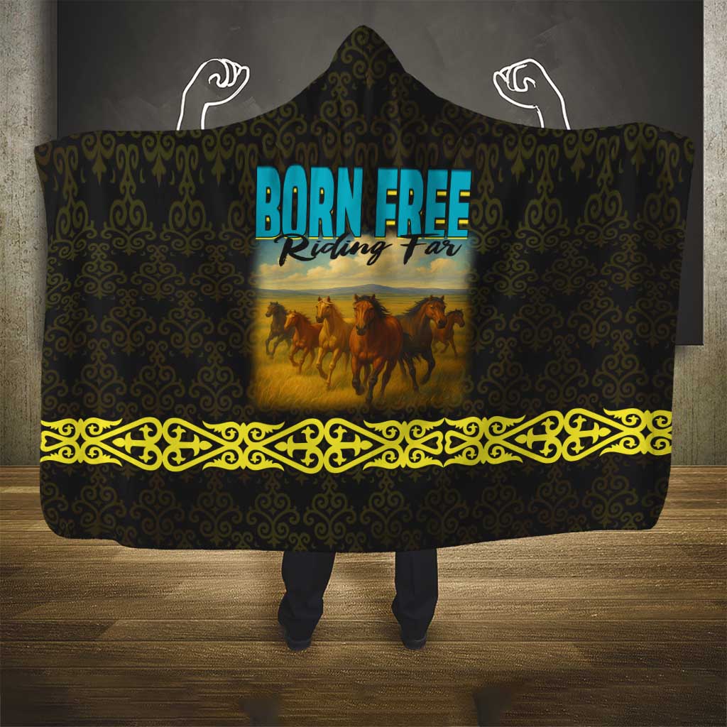 Kazakhstan Born Free Riding Far Hooded Blanket with Wild Horses and Gold Tribal Pattern on Black