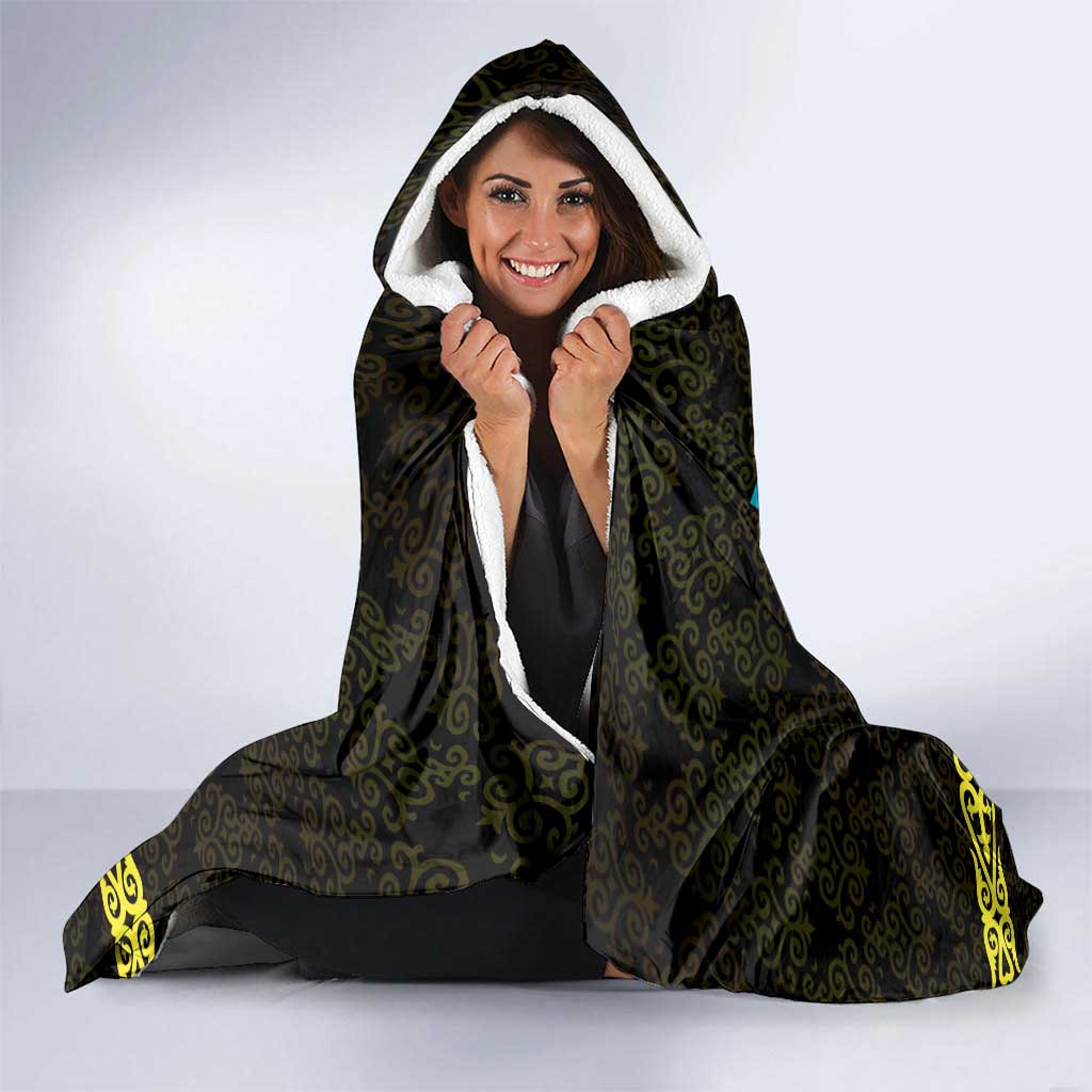 Kazakhstan Born Free Riding Far Hooded Blanket with Wild Horses and Gold Tribal Pattern on Black