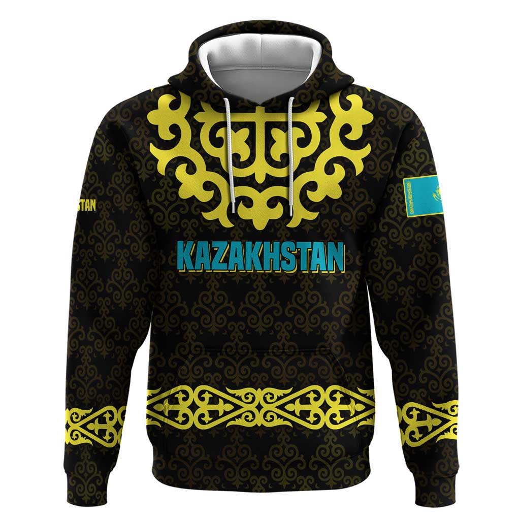 Kazakhstan Born Free Riding Far Hoodie with Wild Horses and Gold Tribal Pattern on Black